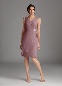 Azazie Saturn Mère de la mariée Robes Robe Fourreau en Mousseline de soie Col V plissé Rose Poussiéreuse image3