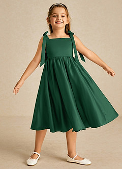 Azazie Chelsie Flower Girl Dresses Dark Green A-Line Bow Matte Satin Dress image1