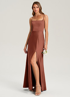 Azazie Lidia Bridesmaid Dresses Clay Mermaid Side Slit Stretch Satin Dress image3