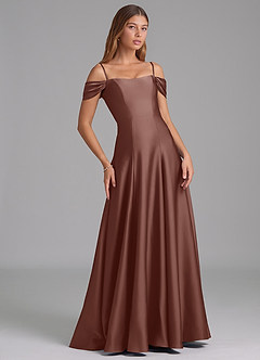 Azazie Seriana 신부 들러리 드레스 A라인 오프 더 숄더 스트레치 새틴 바닥 길이 드레스 image6