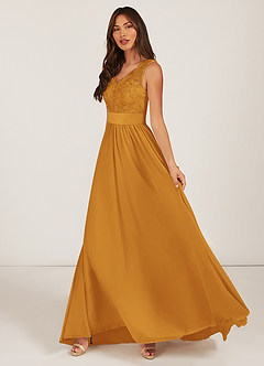 Azazie Gertrude Bridesmaid Dresses Butterscotch A-Line Lace Chiffon Dress image3