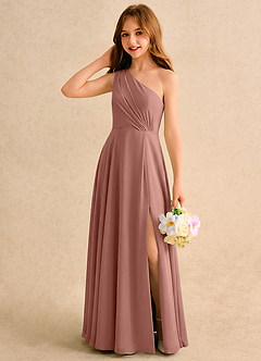 Azazie Puddles Girls Formal 플라워 걸 드레스 A라인 한쪽 어깨 쉬폰 플로어 길이 드레스 image3