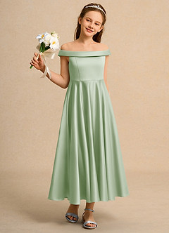 Azazie Teeny Junior Formal Jurken voor bloemenmeisjes A-Lijn Jurk van Mat Satijn Geplooid Stoffige Salie image5