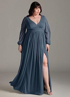 Azazie Norah Bridesmaid Dresses Neptune A-Line V-Neck Long Sleeve Chiffon Dress image9