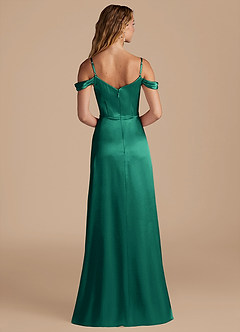 Azazie Ocean Bridesmaid Dresses Emerald A-Line Off the Shoulder Metallic Satin Dress image2
