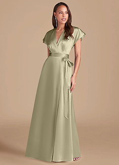 Azazie Nico Brautjungfernkleider A-Linie Plissee Metallischer Satin Kleid Moosgrün image1