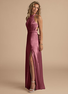 Azazie Clarice Brautjungfernkleider A-Linie Hoher Kragen Metallischer Satin Kleid Wüstenrose image3