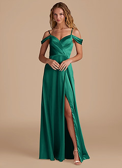Azazie Ocean Bridesmaid Dresses Emerald A-Line Off the Shoulder Metallic Satin Dress image1