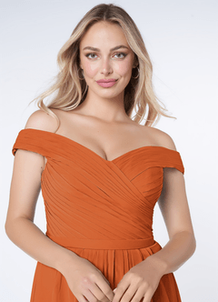Azazie Audrianna Bridesmaid Dresses Cinnamon A-Line Off-The-Shoulder Gathered Chiffon Convertible Dress image5