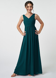 Azazie Kora Junior Pine A-Line Pleated Chiffon Dress image1