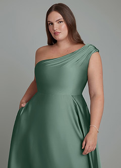 Azazie Melanie Bridesmaid Dresses Eucalyptus A-Line Off the Shoulder Stretch Satin Dress image12