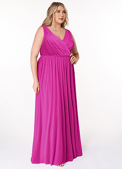 Azazie Tanicia Bridesmaid Dresses Fuchsia A-Line V-Neck Pleated Mesh Dress image4