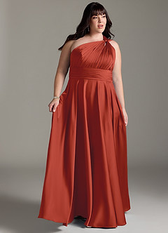 Azazie Charlize Bridesmaid Dresses Rust A-Line One Shoulder Stretch Satin Dress image11