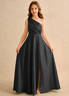 Azazie Puddles Junior Formal Flower Girl Dresses Black A-Line One Shoulder Stretch Satin Dress image5