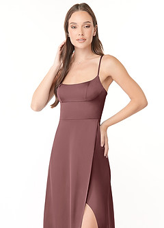 Azazie Halsey Bridesmaid Dresses Vintage Mauve Sheath Side Slit Stretch Satin Dress image6