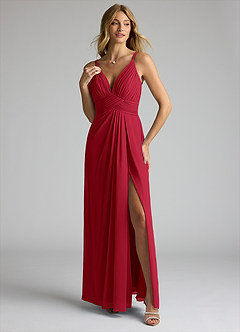 Azazie Maren Allure Bridesmaid Dresses Scarlet A-Line V-Neck Lace Chiffon Dress image1