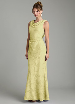 Azazie Kieryn At-home Try On Dresses Lemon Sorbet Mermaid Pleated Floral Burnout Dress image9