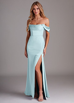 Azazie Saige Bridesmaid Dresses Cloud Blue Sheath Off the Shoulder Stretch Satin Dress image1