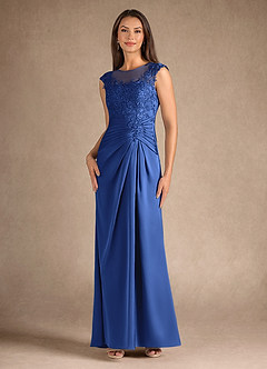 Azazie Santa Barbara Mother of the Bride Dresses Royal Blue Sheath Pleated Stretch Satin Dress image4