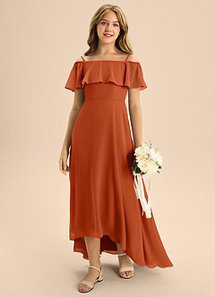 Azazie Maggie Junior A-Linie Schulterfrei Chiffon Kleid Gebranntes Orange image3