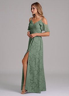 Azazie Dakota Bridesmaid Dresses Matcha A-Line Off the Shoulder Floral Burnout Dress image6