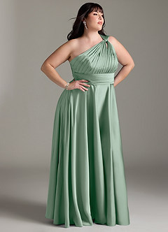 Azazie Charlize Bridesmaid Dresses Agave A-Line One Shoulder Stretch Satin Dress image12