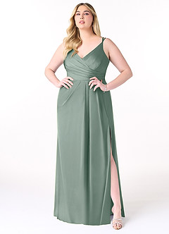 Azazie Aqua Robes de demoiselle d'honneur Robe Trapèze en Satin extensible Col V plissé Sauge D'argent image8