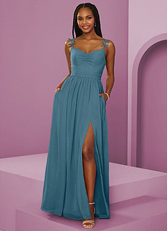 Barbie ♥ Azazie Brautjungfernkleider A-Linie Plissee Chiffon Kleid Bermudablau image1