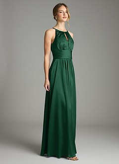 Azazie Bonnie Bridesmaid Dresses Dark Green A-Line Pleated Stretch Satin Dress image4