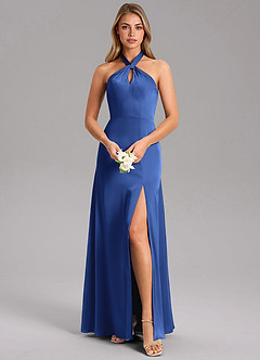 Azazie Tracie Bridesmaid Dresses Royal Blue A-Line Side Slit Stretch Satin Dress image1