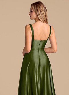 Azazie Shaude Bridesmaid Dresses Olive A-Line Pleated Metallic Satin Dress image7