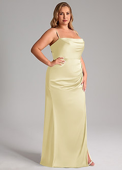 Azazie Leonis Jurken voor bruidsmeisjes Converteerbaar Jurk van Stretch Satijn met Zeemeermin Geplooid Citroensorbet image15