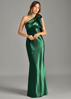 Azazie Yuanna Bridesmaid Dresses Dark Green Mermaid One Shoulder Metallic Satin Dress image3