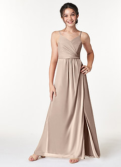 Azazie Luxy Junior Taupe Pleated Mesh Dress image3