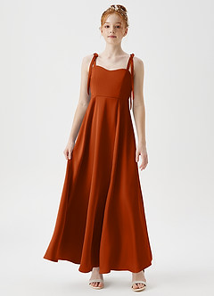 Azazie Rosey Junior Robe Trapèze en Satin extensible Encolure en Forme de Cœur Orange Brûlée image4