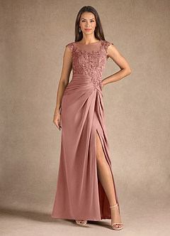 Azazie Santa Barbara Mother of the Bride Dresses Rosette Sheath Pleated Stretch Satin Dress image5