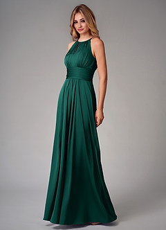 Azazie Bonnie Bridesmaid Dresses Emerald A-Line Pleated Stretch Satin Dress image3