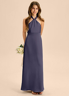 Azazie Beah Junior Robe Trapèze en Satin extensible Plissée Bleu Orageux image4