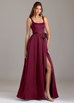 Azazie Elliott Bridesmaid Dresses Mulberry A-Line with Pockets Stretch Satin Dress image1