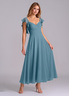 Azazie Leilani 신부 들러리 드레스 A라인 셔링 쉬폰 발목 길이 드레스 image3