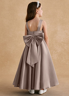 Azazie Honey Bear Flower Girl Dresses Taupe A-Line Pleated Matte Satin Dress image1