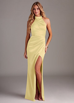Azazie Jemma At-home Try On Dresses Agave Sheath Pleated Stretch Satin Dress image4