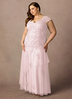 Azazie Romy Mother of the Bride Dresses Blushing Pink Mermaid V-Neck Sequins Tulle Dress image9