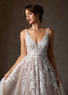 Azazie Sorella Trouwjurken Jurk van Tule met A-Lijn V-hals Pailletten Diamant Wit Mokka image8