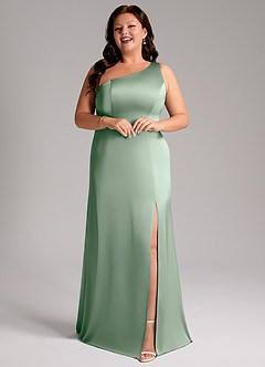 Azazie Phaedra Bridesmaid Dresses Agave A-Line One Shoulder Stretch Satin Dress image13