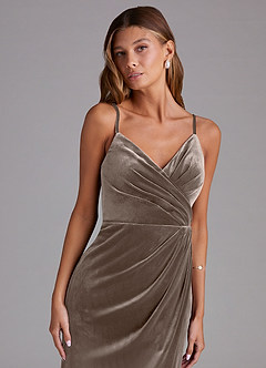 Azazie Maci Bridesmaid Dresses Silver Taupe Sheath Pleated Velvet Dress image6