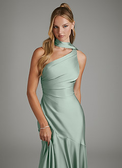 Azazie Amara At-home Try On Dresses Agave Mermaid One Shoulder Stretch Satin Dress image6