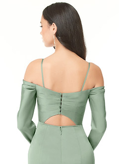 Azazie Hallie Jurken voor bruidsmeisjes Converteerbaar Jurk van Stretch Satijn met Kolom Off-the-shoulder lange mouw Matcha image8
