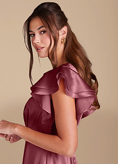 Azazie Daphne Modest Bridesmaid Dresses A-Line Ruched Metallic Satin Floor-Length Dress image5