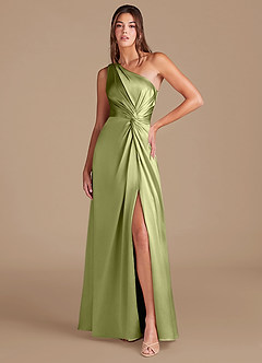 Azazie Brooke Bridesmaid Dresses Pistachio A-Line One Shoulder Metallic Satin Dress image1